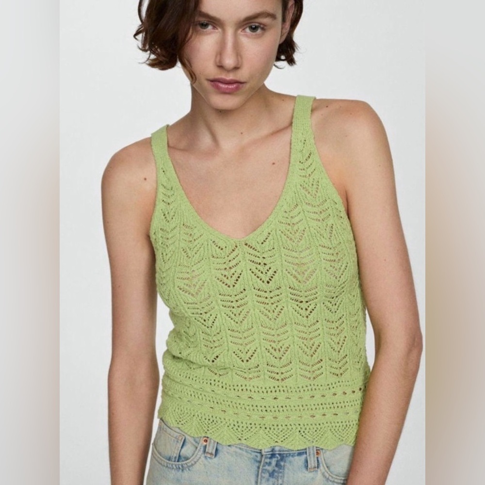 Mango MNG Crochet Knit Sleeveless Tank Too Size large Citron Green Boho Festival